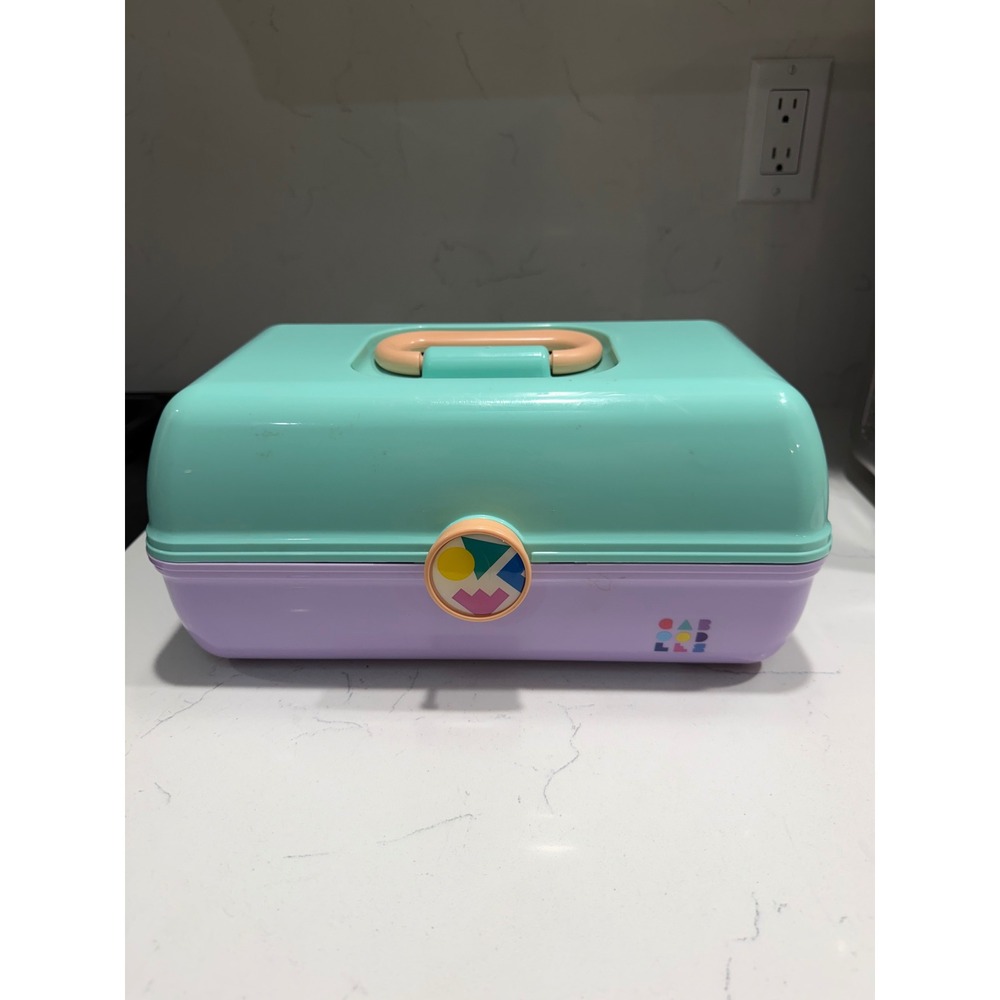 Vintage Caboodles Makeup Case Organizer Teal Lavender 90s Cosmetic Box Mirror